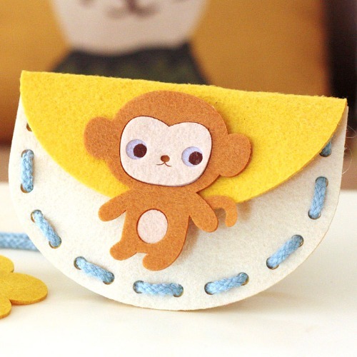 노리프렌즈 만들기재료 - DIY펠트 실꿰기 끈가방 동물 노랑가방 원숭이